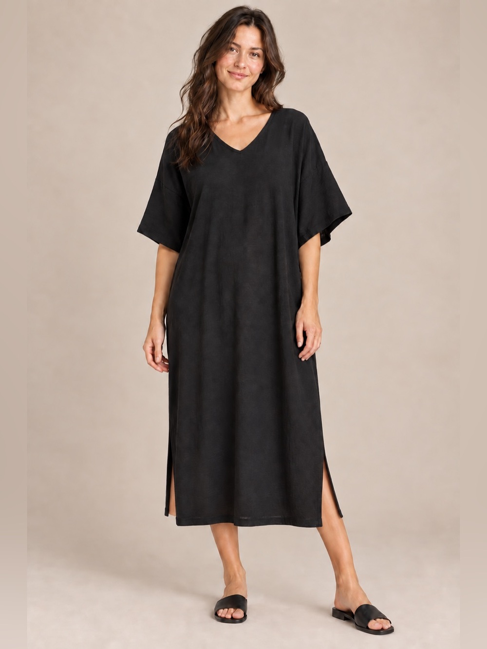 Stan Herman Black Crepe Knit V-Neck Drape Caftan Maxi Lounge Dress Size M